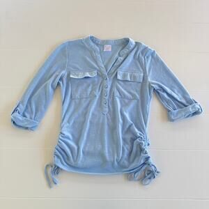 No Boundaries Blue Ruched Tie-Side Button Down Blouse Size Small 3-5